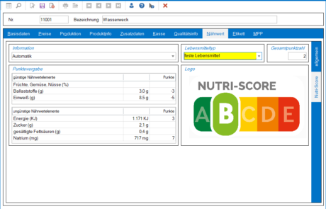Nutri-Score in Marvin-Software
