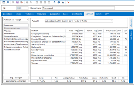Nährwertangaben in Marvin-Software